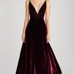 Velvet Beaded V Neck Tea-Length Burgundy Formal Dress