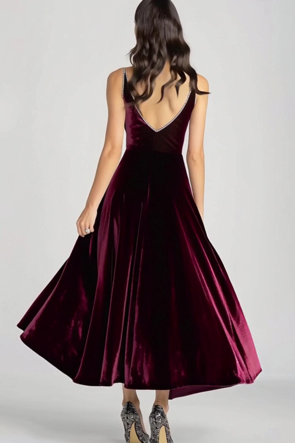 Velvet Beaded V Neck Tea-Length Burgundy Formal Dress - Image 2