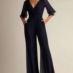 V Neck Navy Mother of the Bride Jumpsuit with Short Sleeves