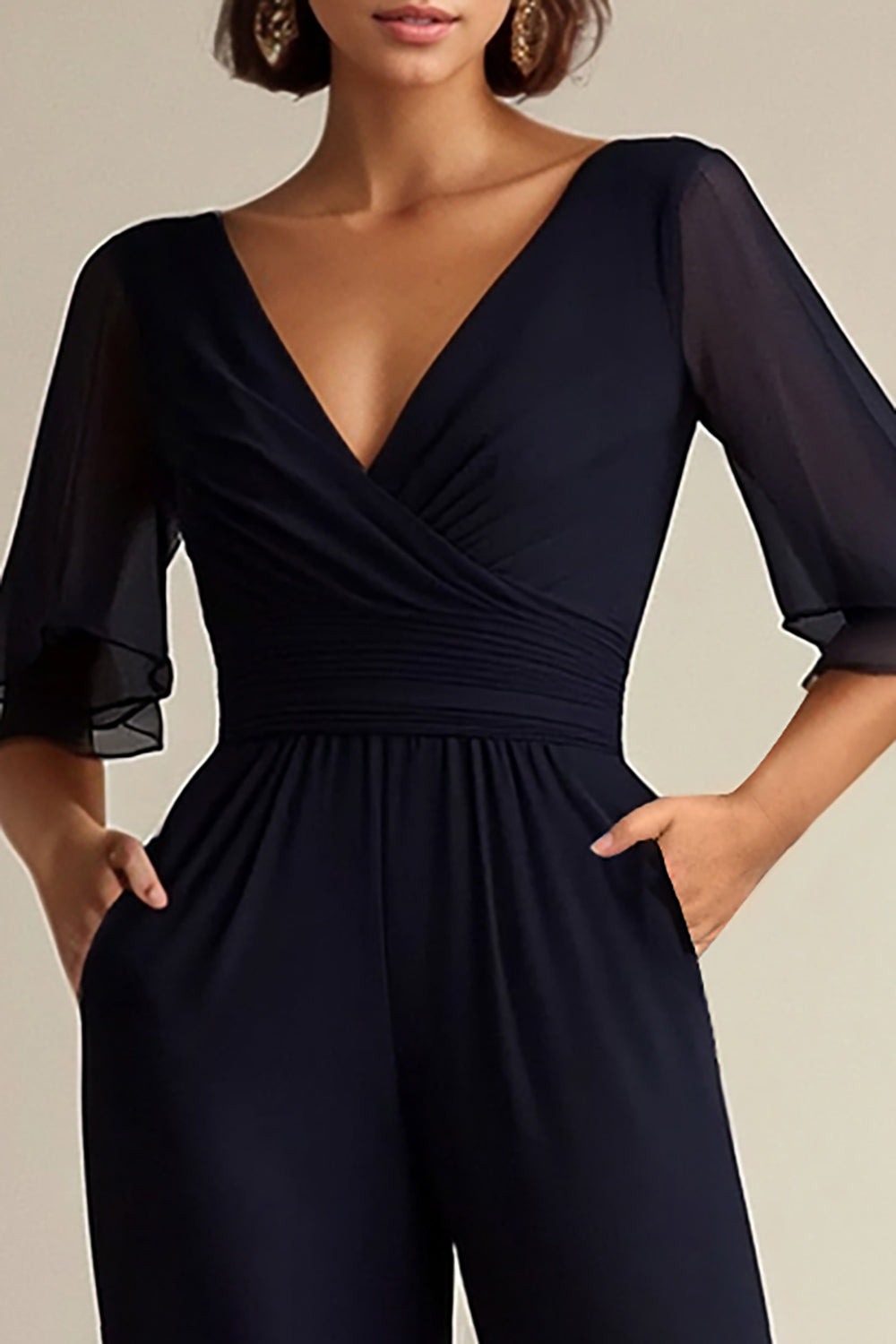 V Neck Navy Mother of the Bride Jumpsuit with Short Sleeves - Image 2