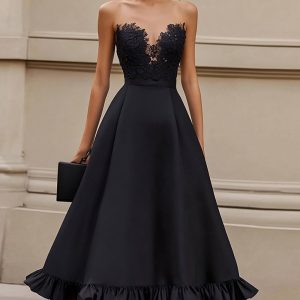 Strapless Satin A Line Black Tie Dress with Appliques
