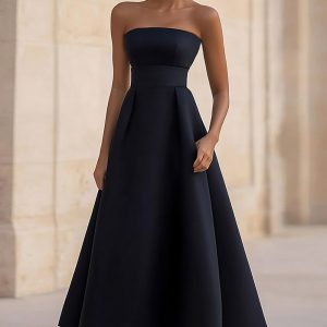 Strapless Satin A Line Black Tie Dress