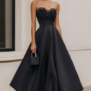 Strapless Satin Appliqued A Line Black Tie Dress