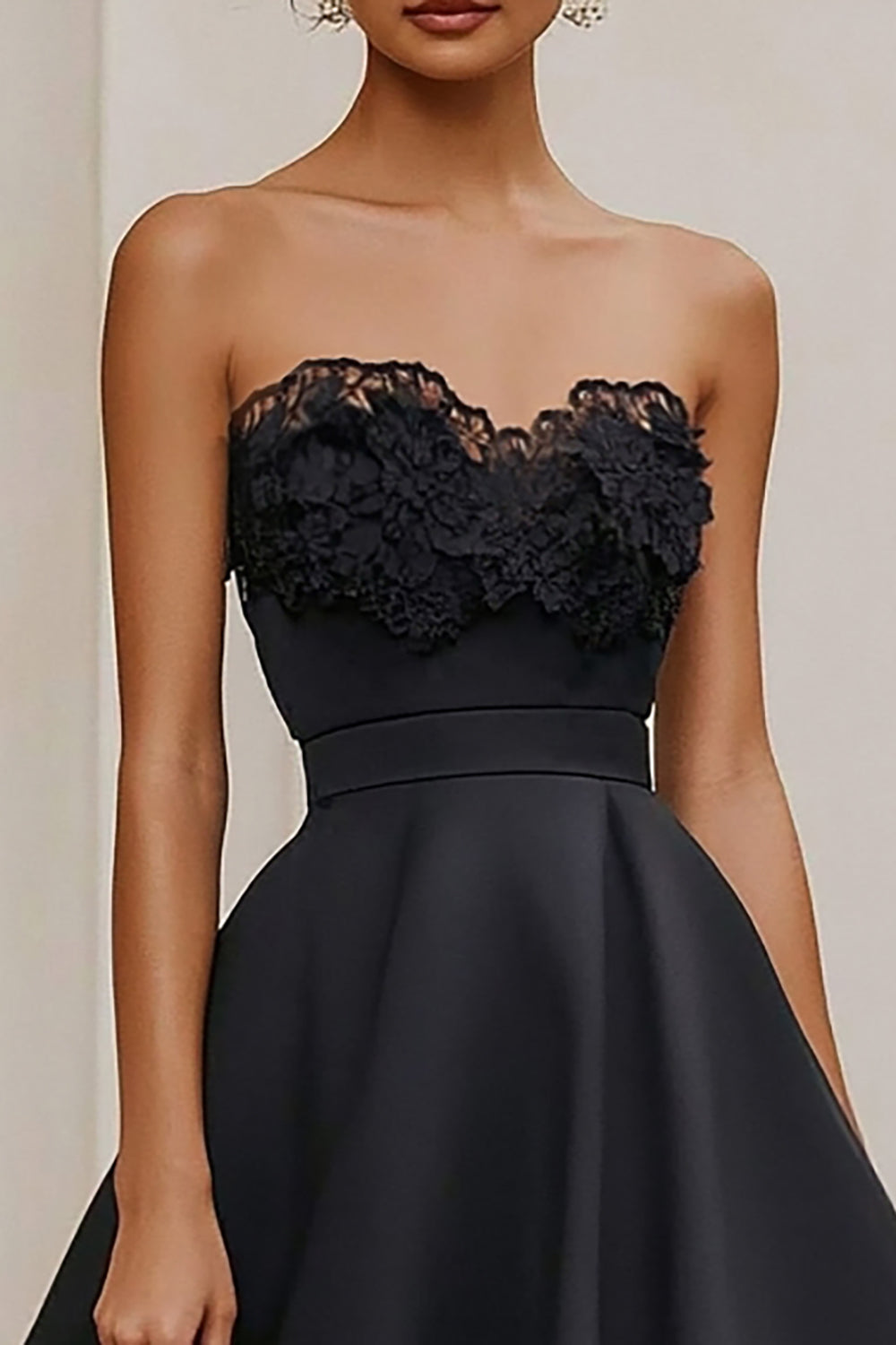 Strapless Satin Appliqued A Line Black Tie Dress - Image 2