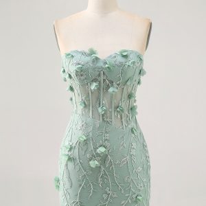 Strapless Sage Corset Homecoming Dress with 3D Flowers