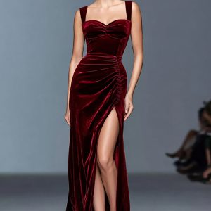 Velvet Burgundy Sheath Formal Dress with Slit