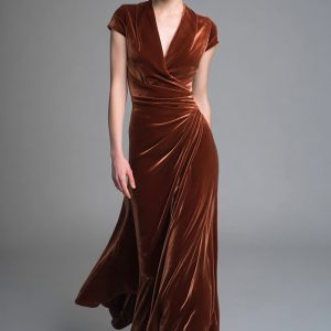 Velvet Caramel V-Neck Sheath Formal Dress