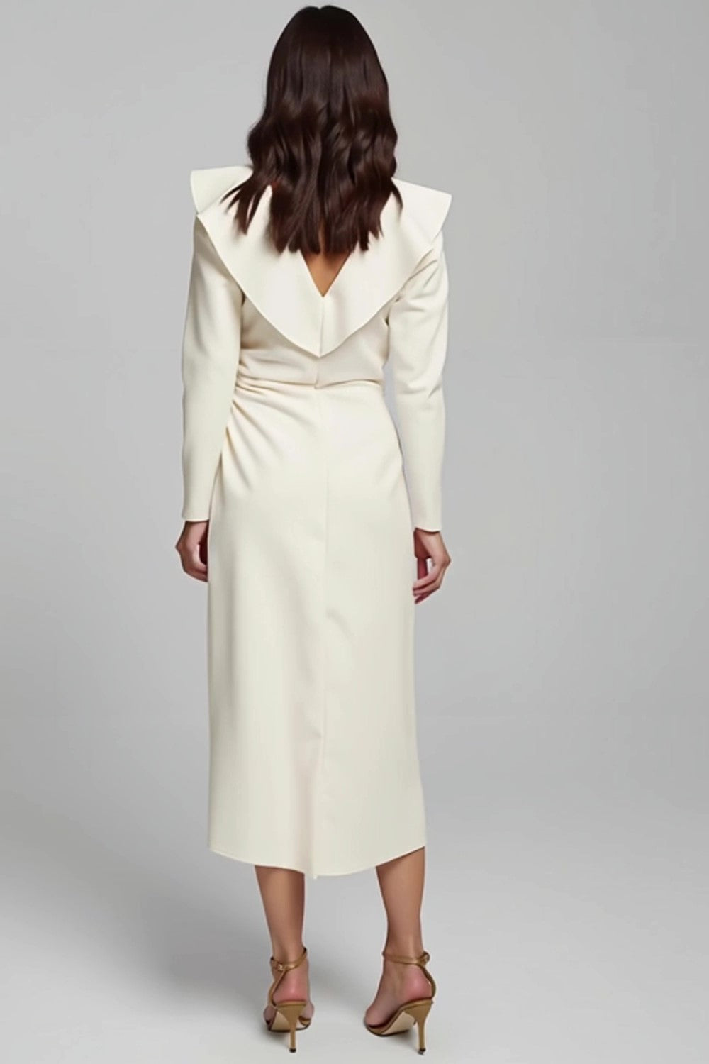 V-Neck Sheath Ivory Long Sleeve Midi Dress - Image 2
