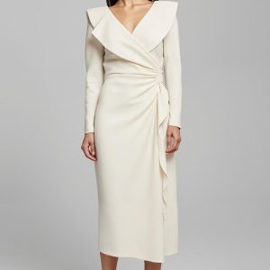 V-Neck Sheath Ivory Long Sleeve Midi Dress