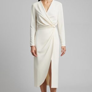 V-Neck Sheath Ivory Long Sleeve Work Dress With Slit