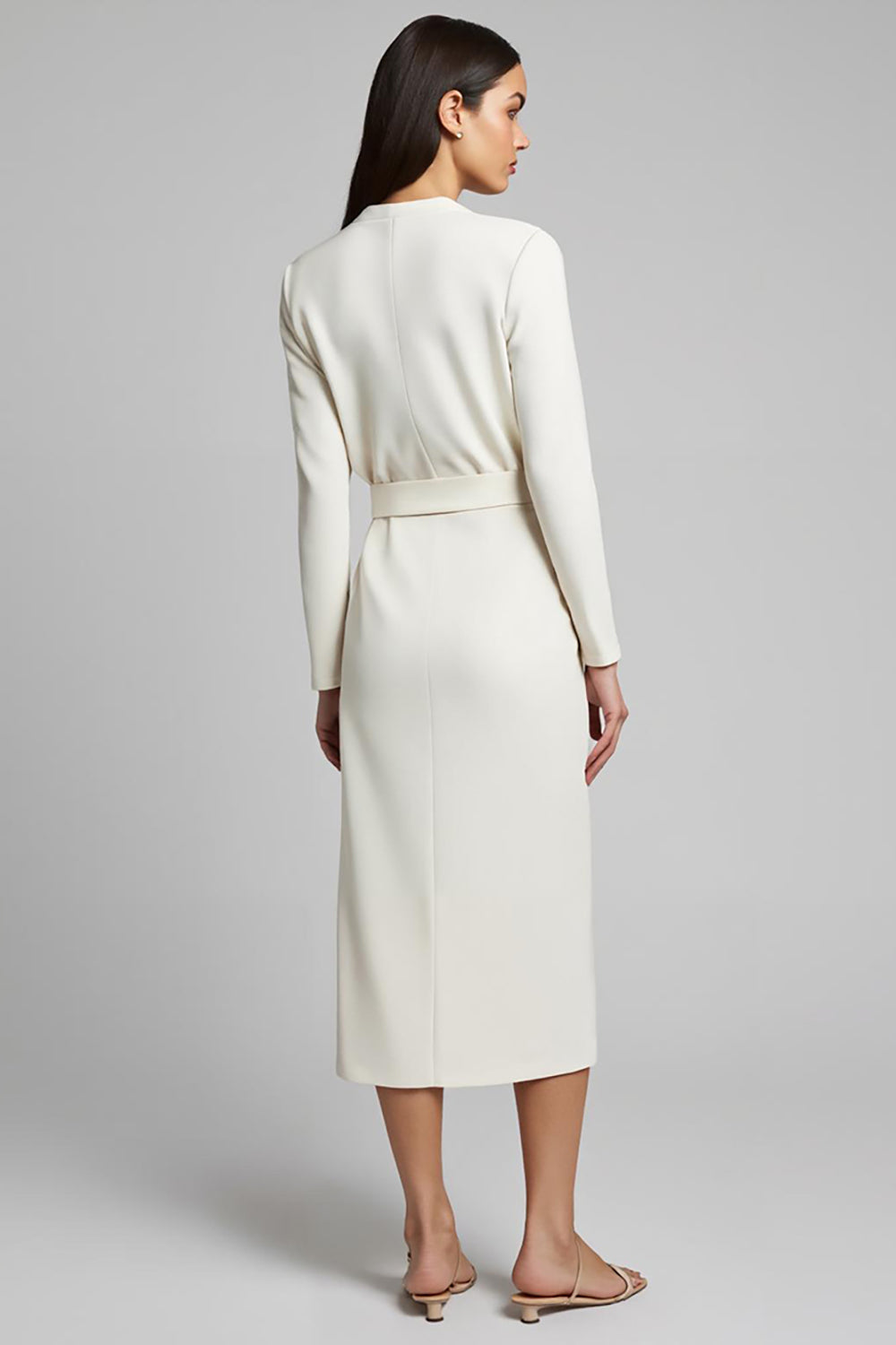 V-Neck Sheath Ivory Long Sleeve Work Dress With Slit - Image 2