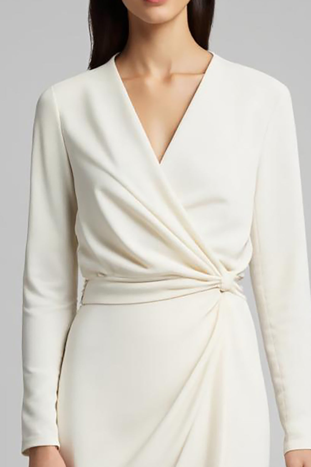 V-Neck Sheath Ivory Long Sleeve Work Dress With Slit - Image 3