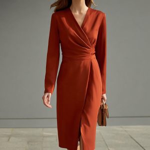 V-Neck Long Sleeve Pencil Terracotta Work Dress With Slit