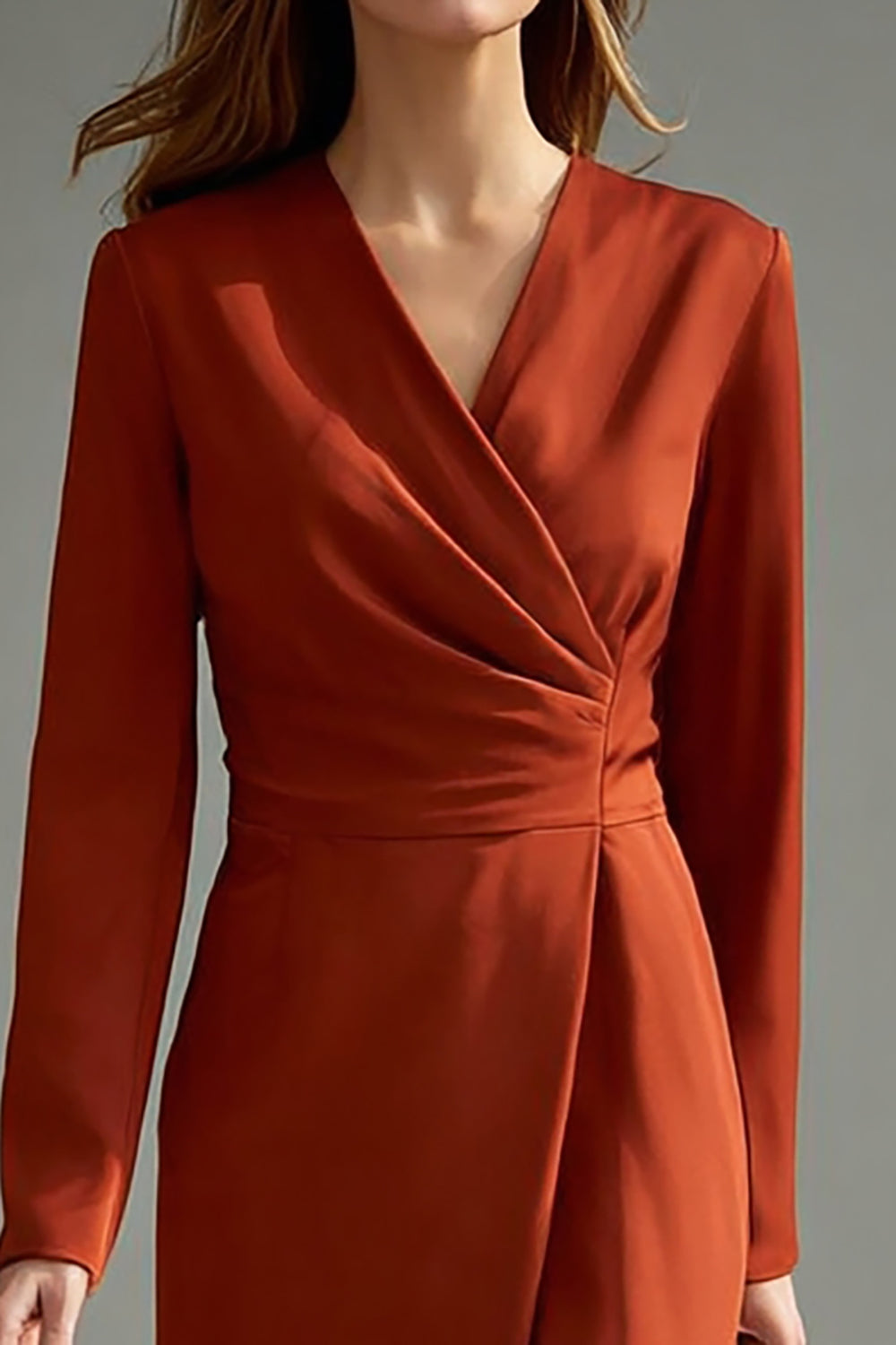 V-Neck Long Sleeve Pencil Terracotta Work Dress With Slit - Image 2
