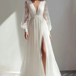 V-Neck Ivory A-Line Slit Long Sleeve Wedding Dress With Lace