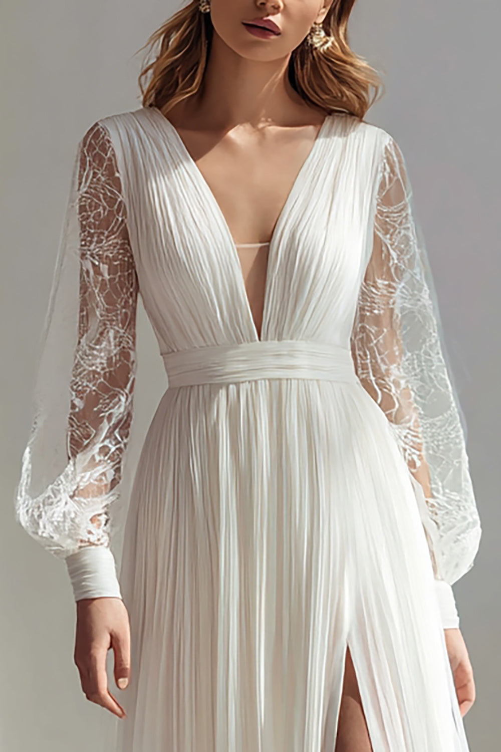 V-Neck Ivory A-Line Slit Long Sleeve Wedding Dress With Lace - Image 2
