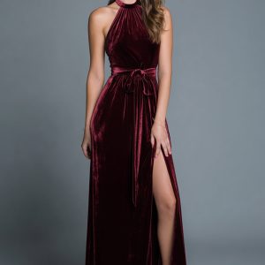 Velvet Halter Burgundy Holiday Party Dress With Slit