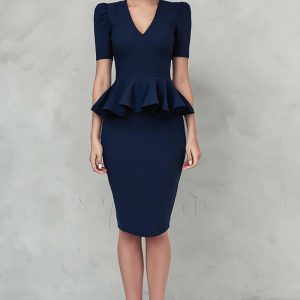 V-Neck Pencil Navy Work Dress With Short Sleeves