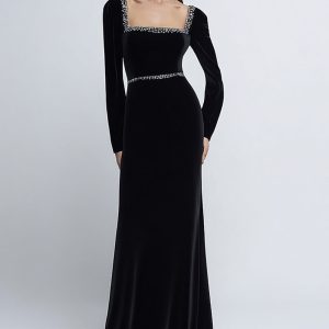 Velvet Long Sleeve Black Tie Dress with Beading