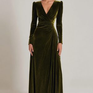 Velvet A-Line Olive V-Neck Formal Dress With Long Sleeves