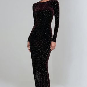 Velvet Beaded Sheath Long Sleeve Coffee Formal Dress
