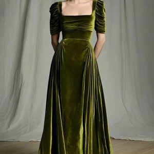 Velvet A-Line Olive Ruched Maxi Holiday Dress