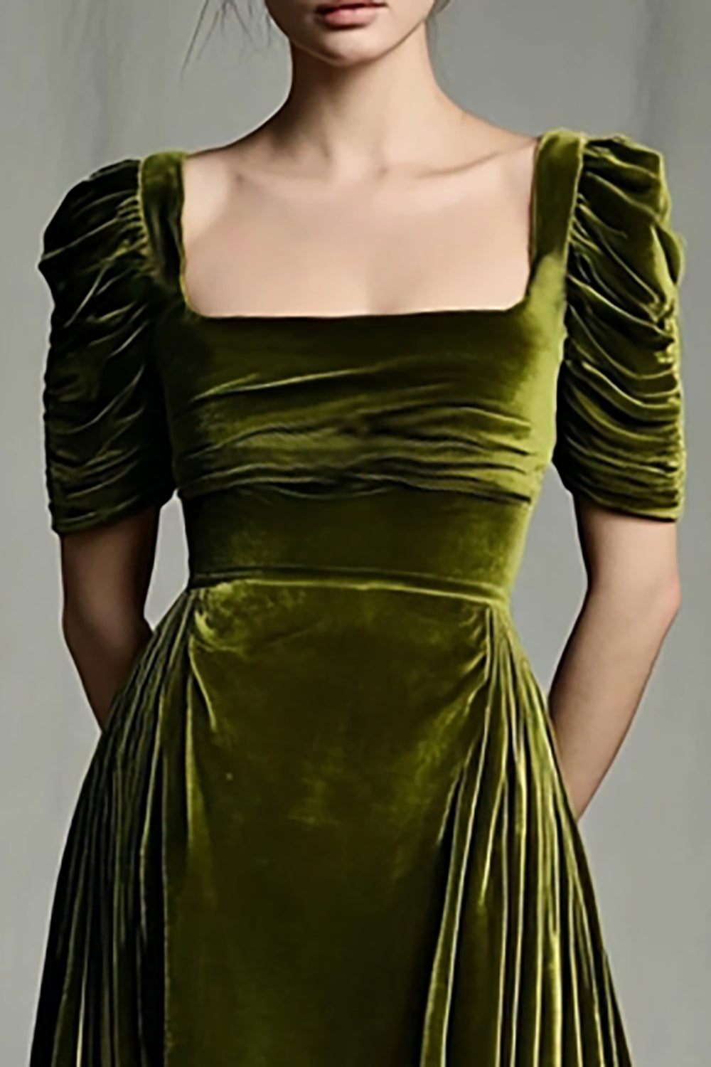 Velvet A-Line Olive Ruched Maxi Holiday Dress - Image 2