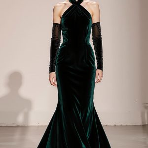 Velvet Halter Mermaid Dark Green Evening Dress