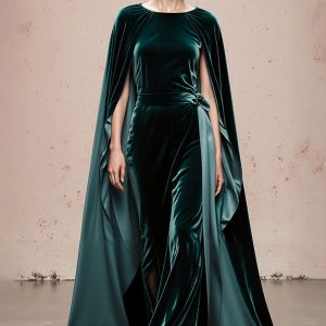 Velvet Dark Green Maxi Evening Dress with Cloak