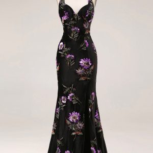 Velvet Halter Embroidered Sequin Black Floral Prom Dress