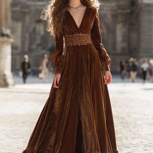 Velvet A-Line Brown V-Neck Maxi Formal Dress With Slit