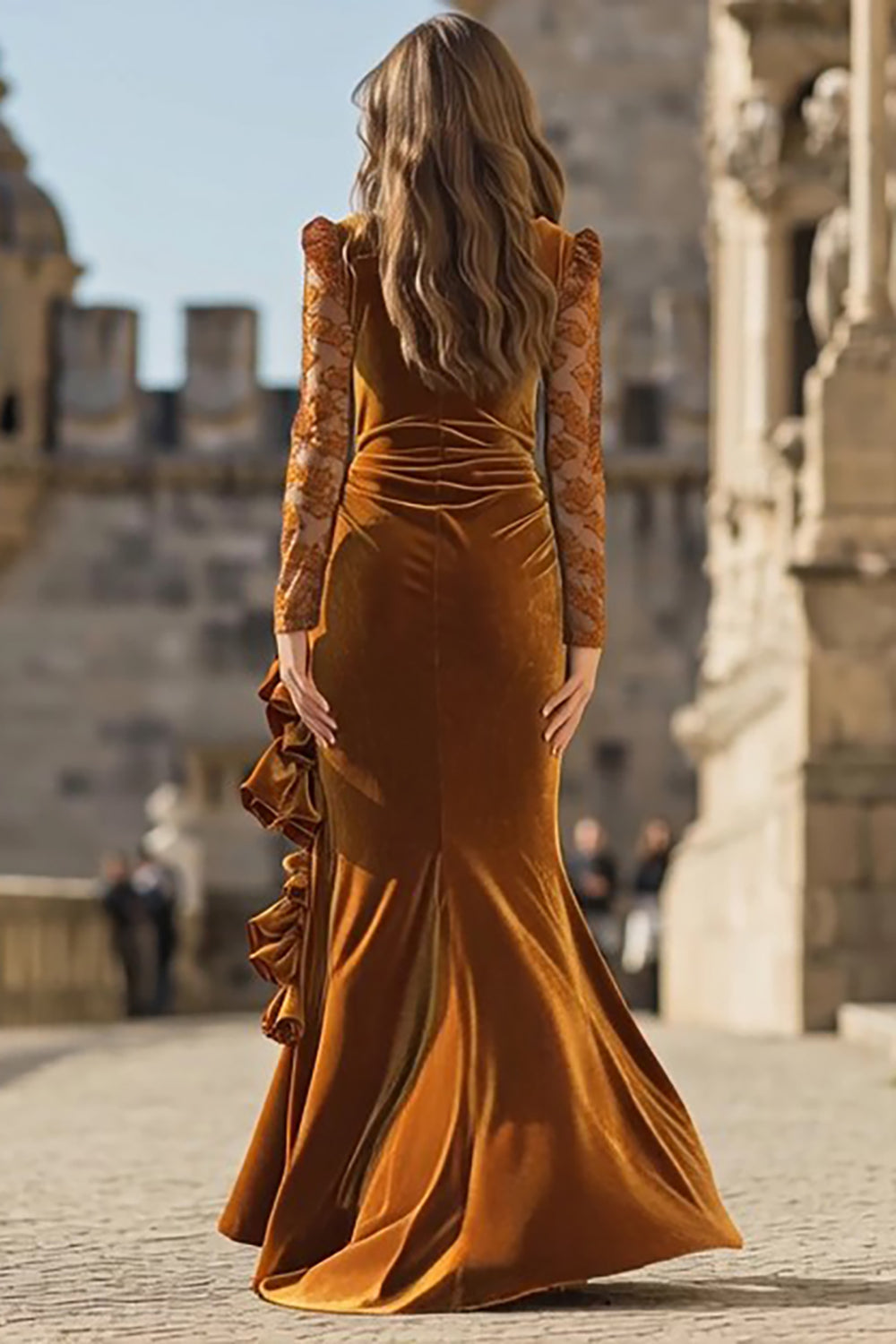 Velvet Mermaid Caramel Lace Long Sleeve Formal Dress With Slit - Image 2
