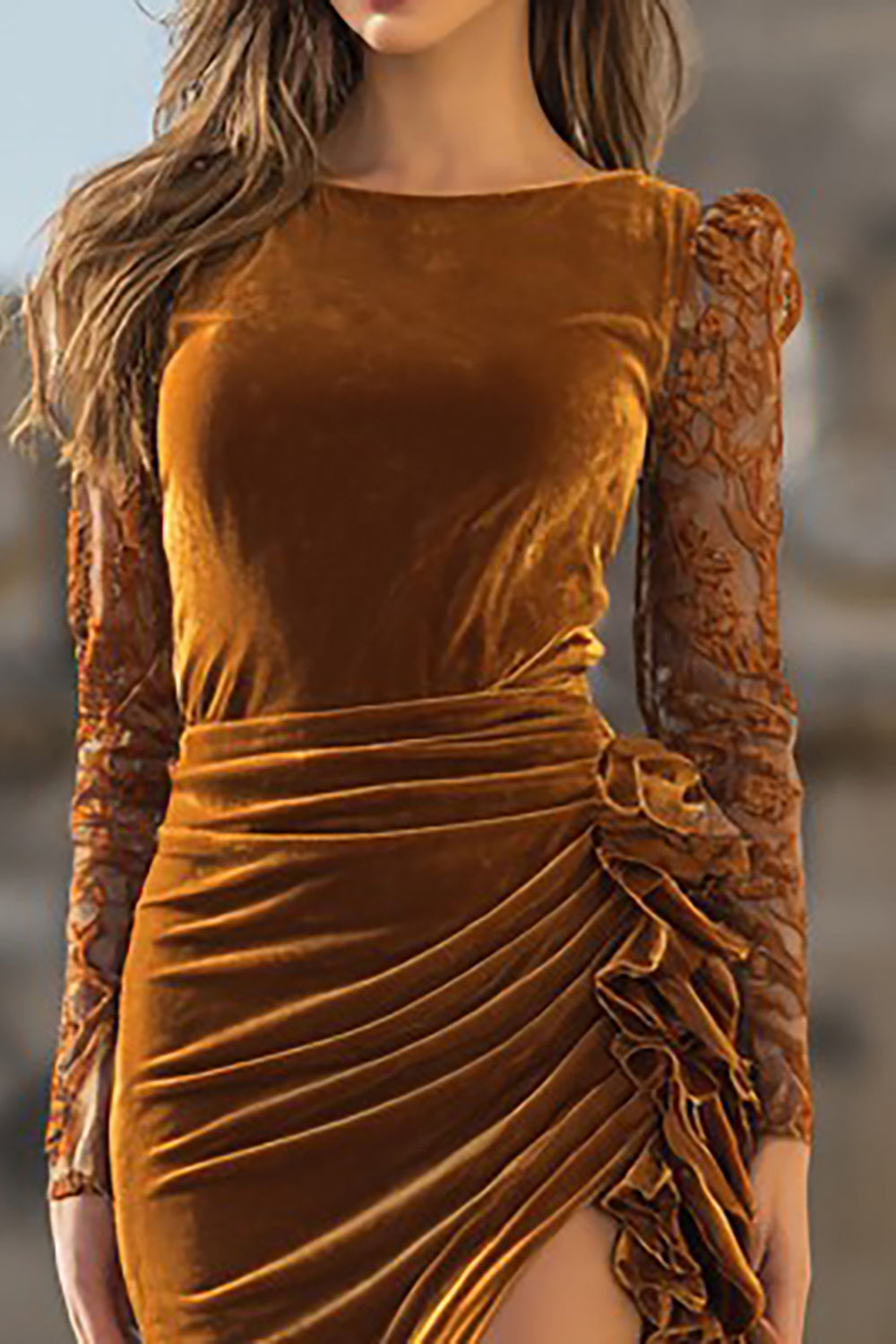 Velvet Mermaid Caramel Lace Long Sleeve Formal Dress With Slit - Image 3