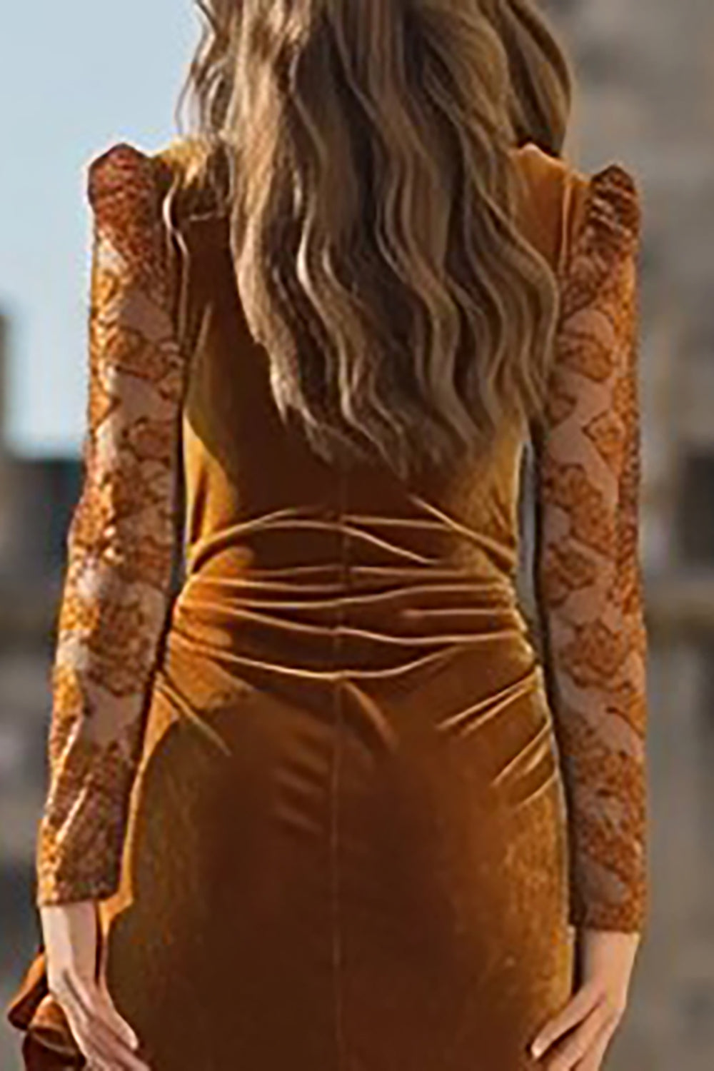 Velvet Mermaid Caramel Lace Long Sleeve Formal Dress With Slit - Image 4