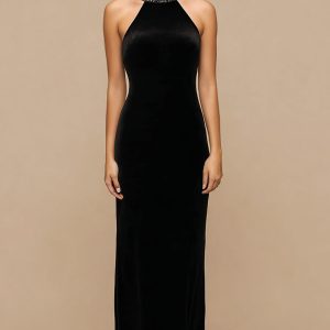 Velvet Halter Sheath Maxi Black Tie Dress