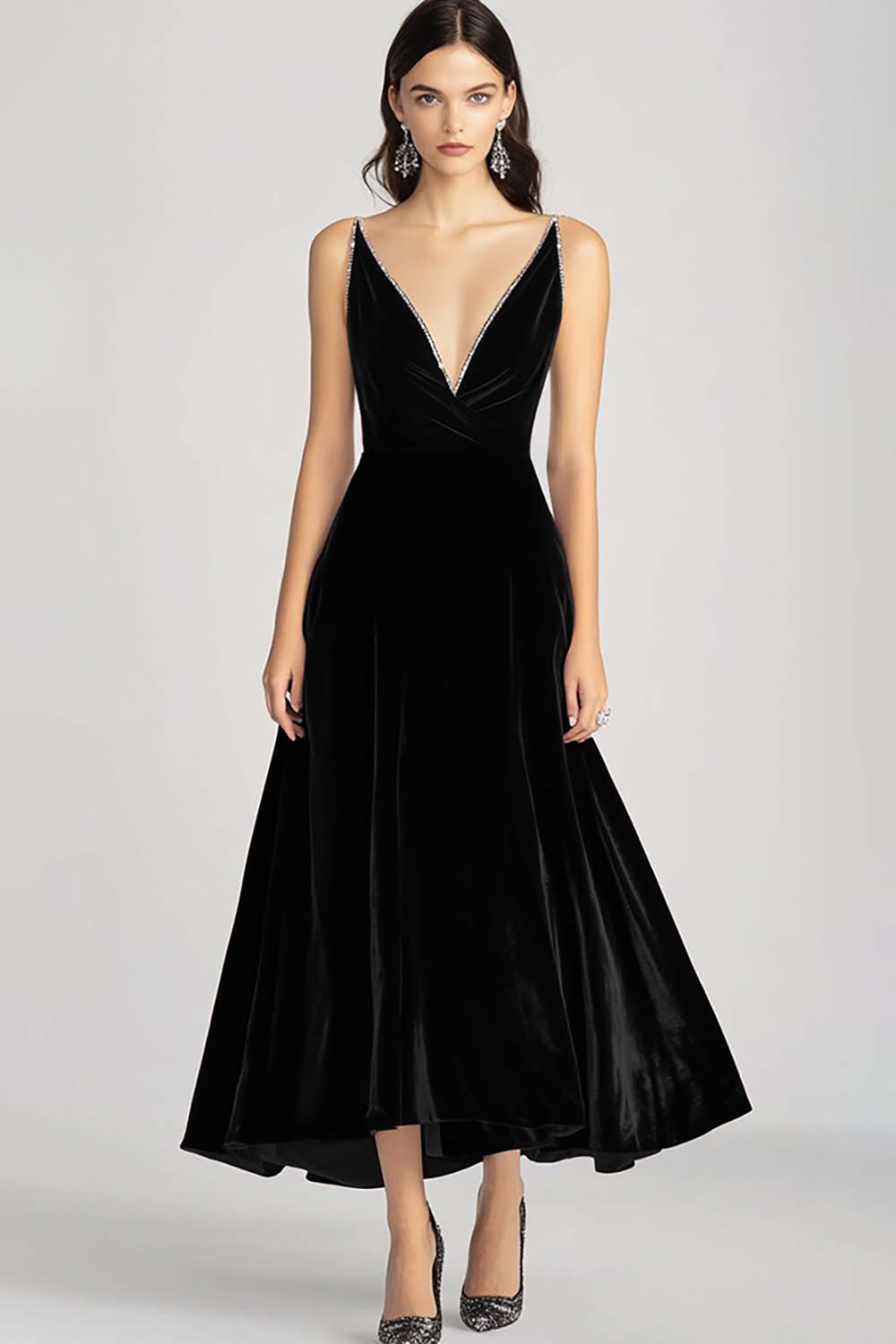 Velvet Beaded V Neck Tea-Length Burgundy Formal Dress - Image 4