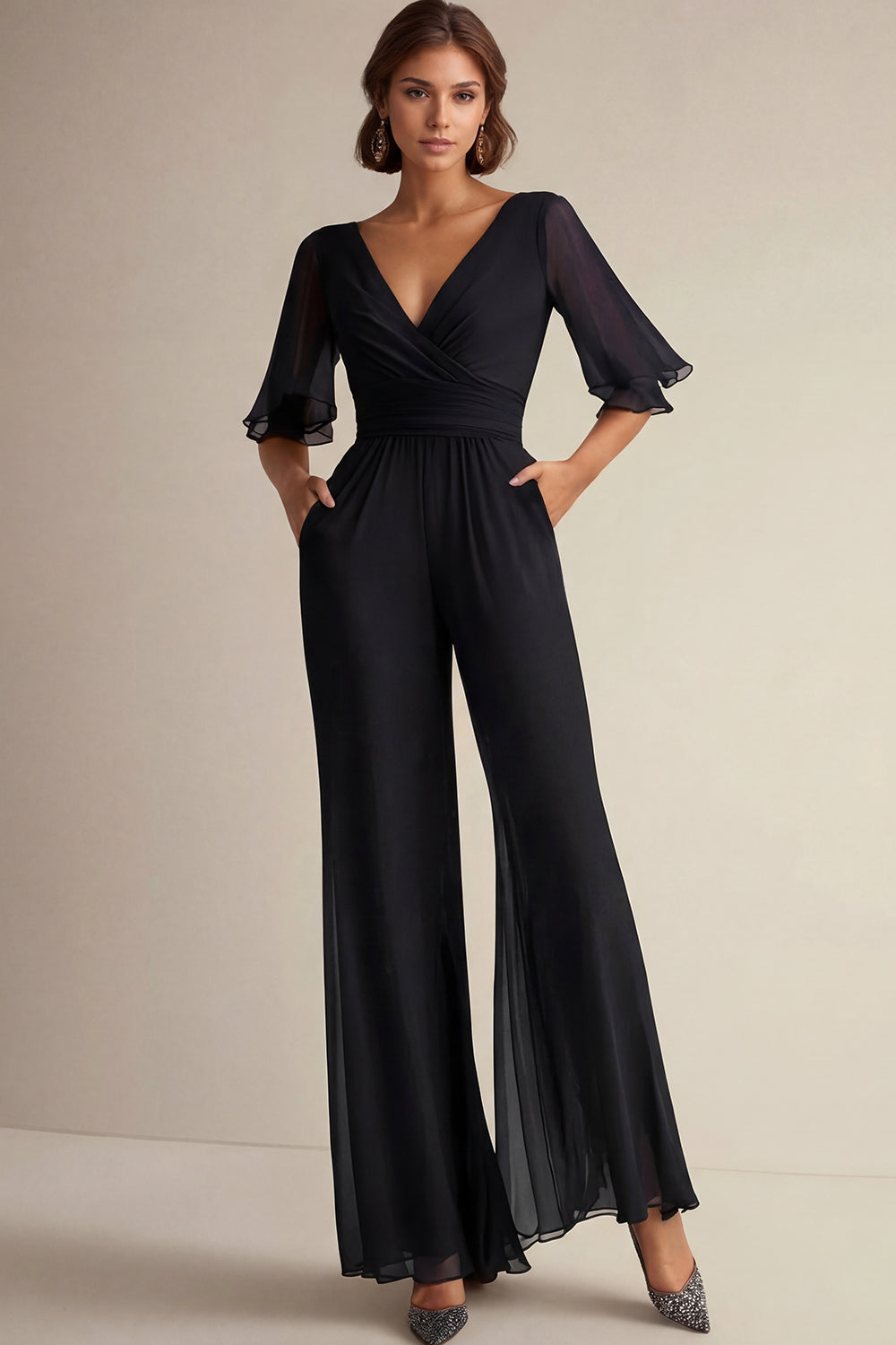 V Neck Navy Mother of the Bride Jumpsuit with Short Sleeves - Image 3