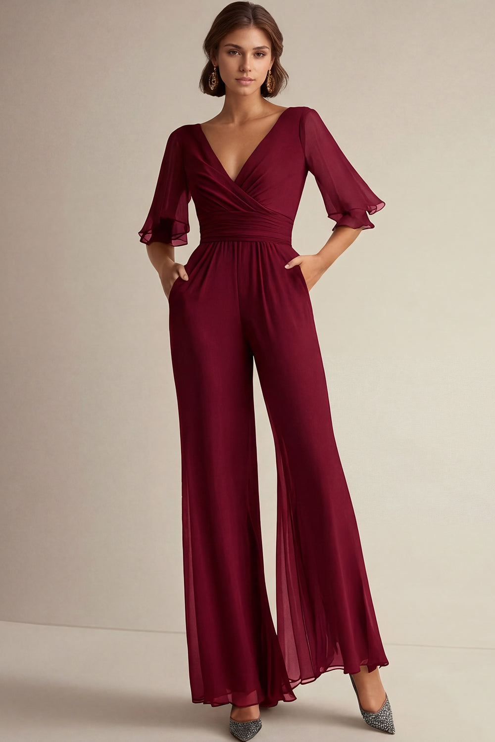 V Neck Navy Mother of the Bride Jumpsuit with Short Sleeves - Image 4