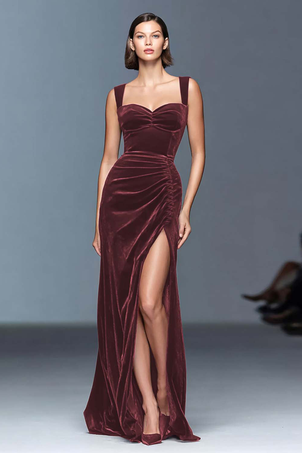 Velvet Burgundy Sheath Formal Dress with Slit - Image 5