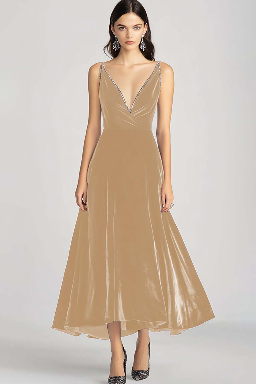 Velvet Beaded V Neck Tea-Length Burgundy Formal Dress - Image 5