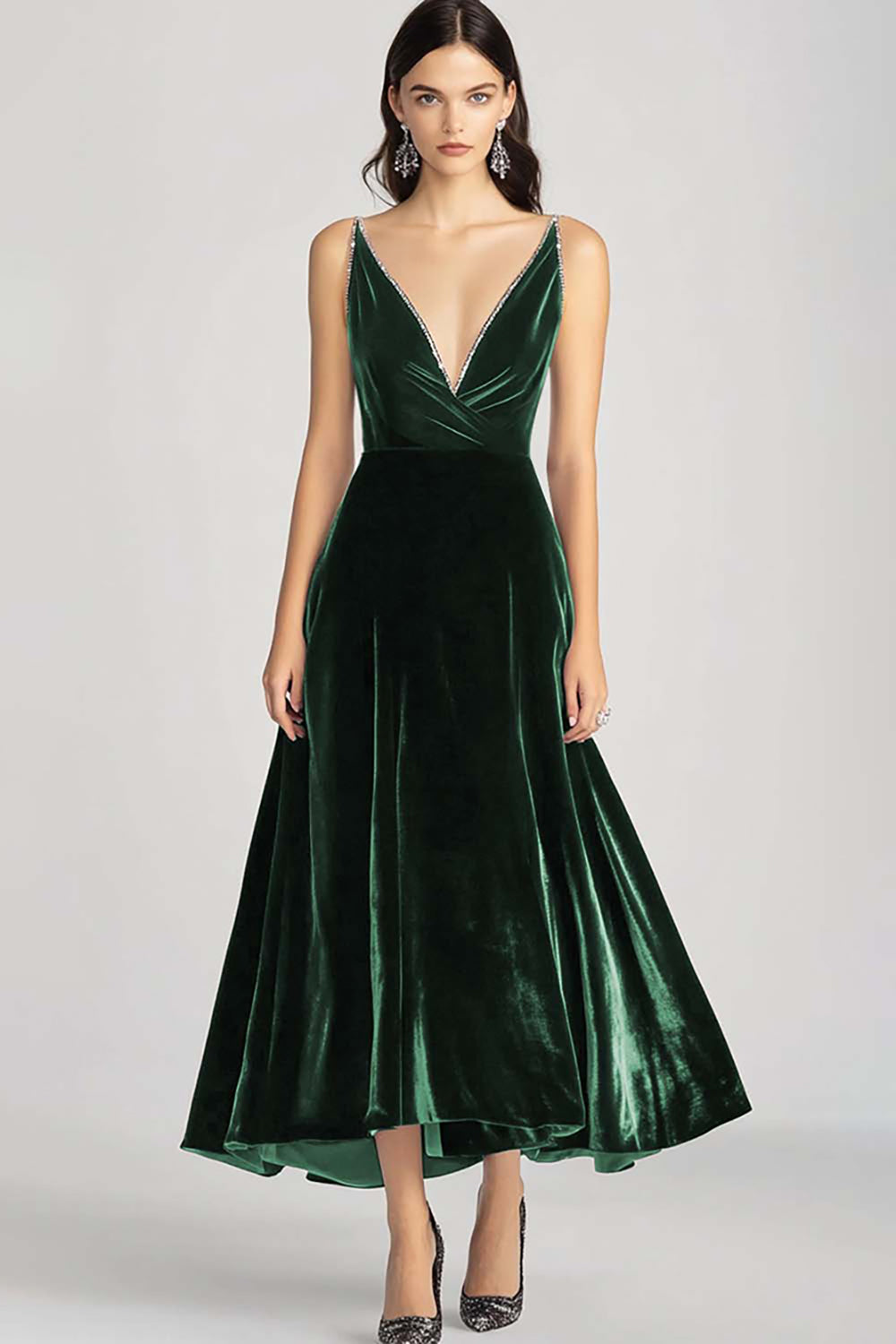 Velvet Beaded V Neck Tea-Length Burgundy Formal Dress - Image 6