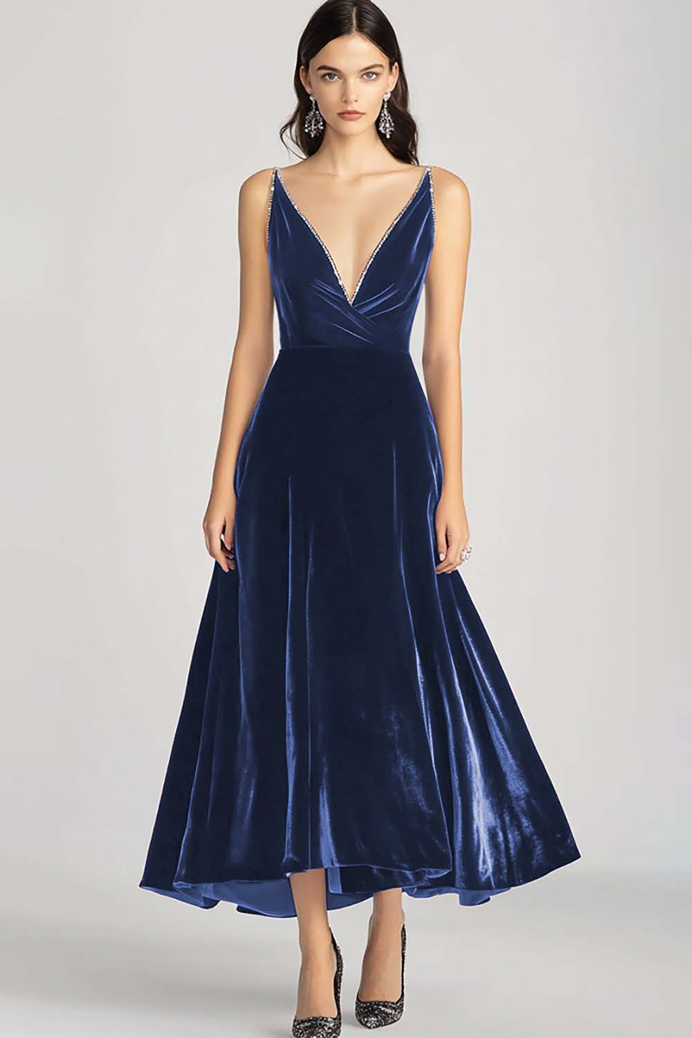 Velvet Beaded V Neck Tea-Length Burgundy Formal Dress - Image 7