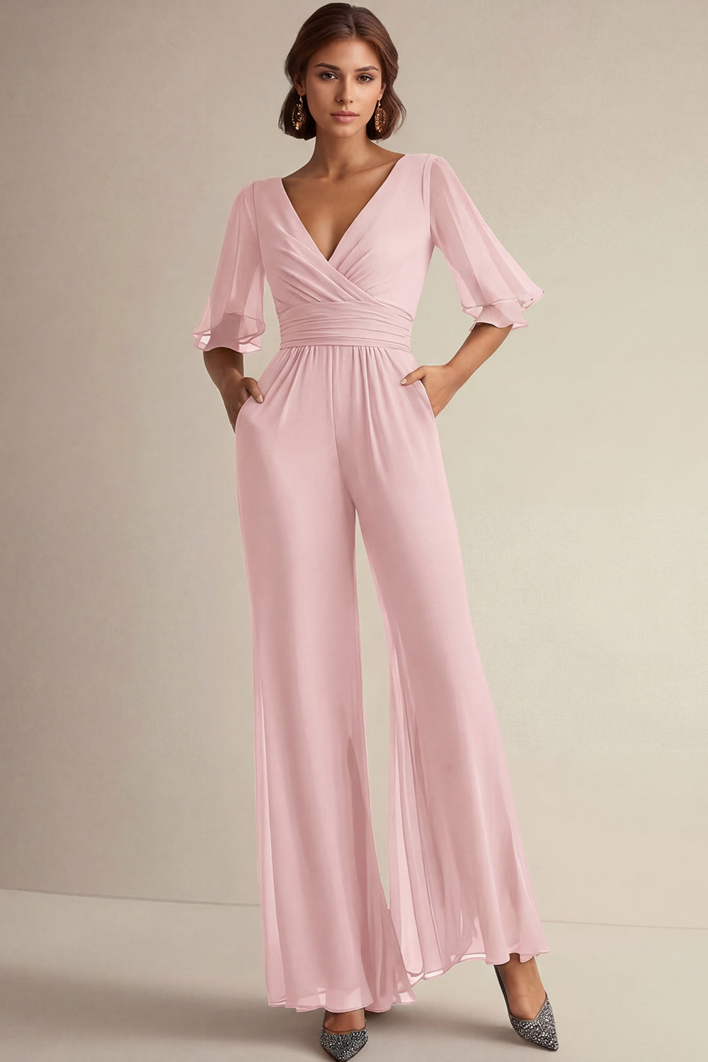 V Neck Navy Mother of the Bride Jumpsuit with Short Sleeves - Image 7