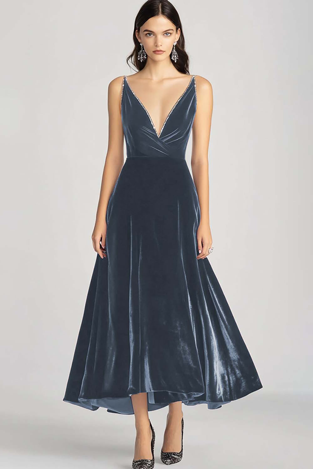 Velvet Beaded V Neck Tea-Length Burgundy Formal Dress - Image 8