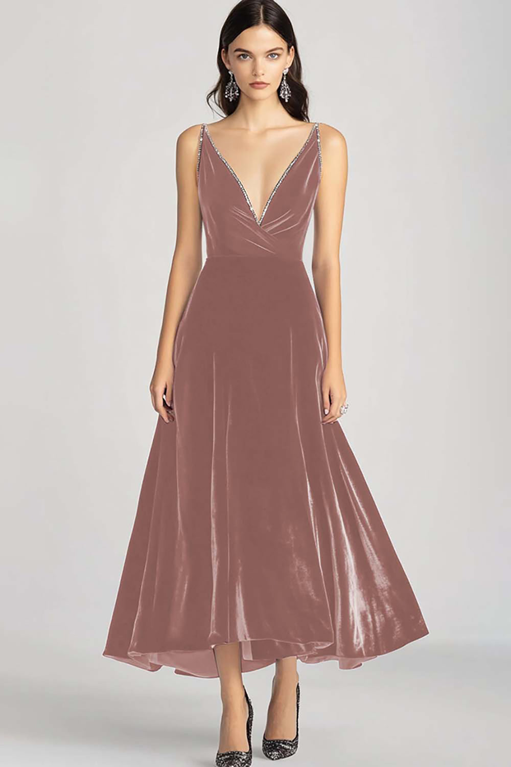 Velvet Beaded V Neck Tea-Length Burgundy Formal Dress - Image 9