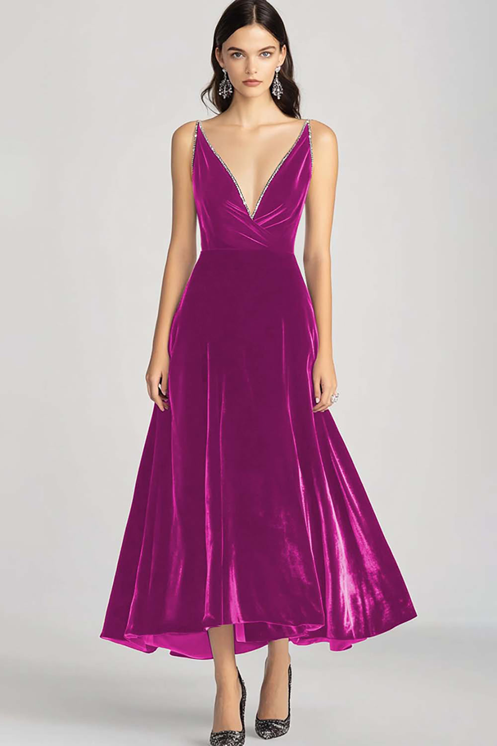 Velvet Beaded V Neck Tea-Length Burgundy Formal Dress - Image 10