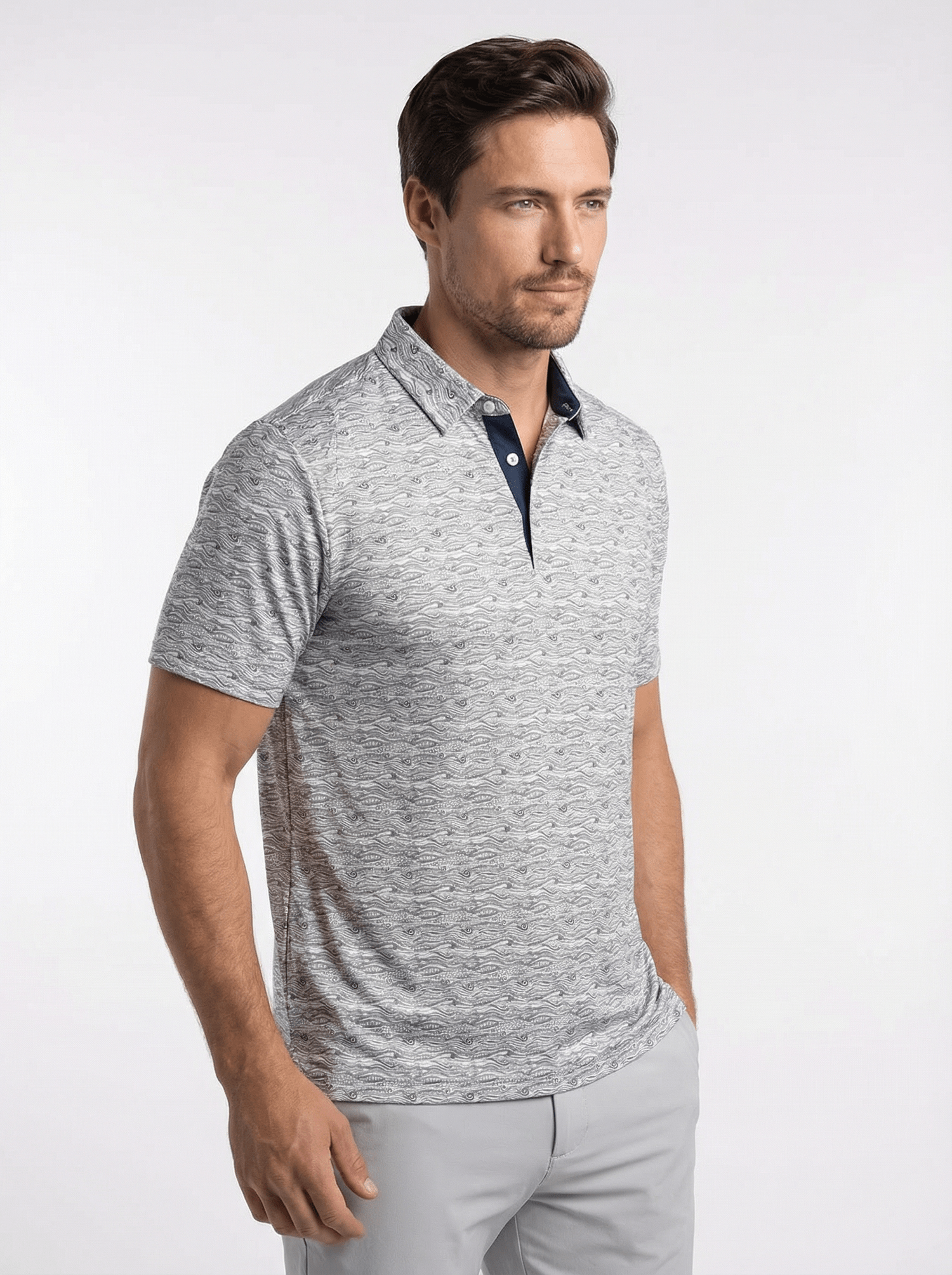 Men's 3 Button Gray Wave Polo with SwingFree? Performance - Image 4