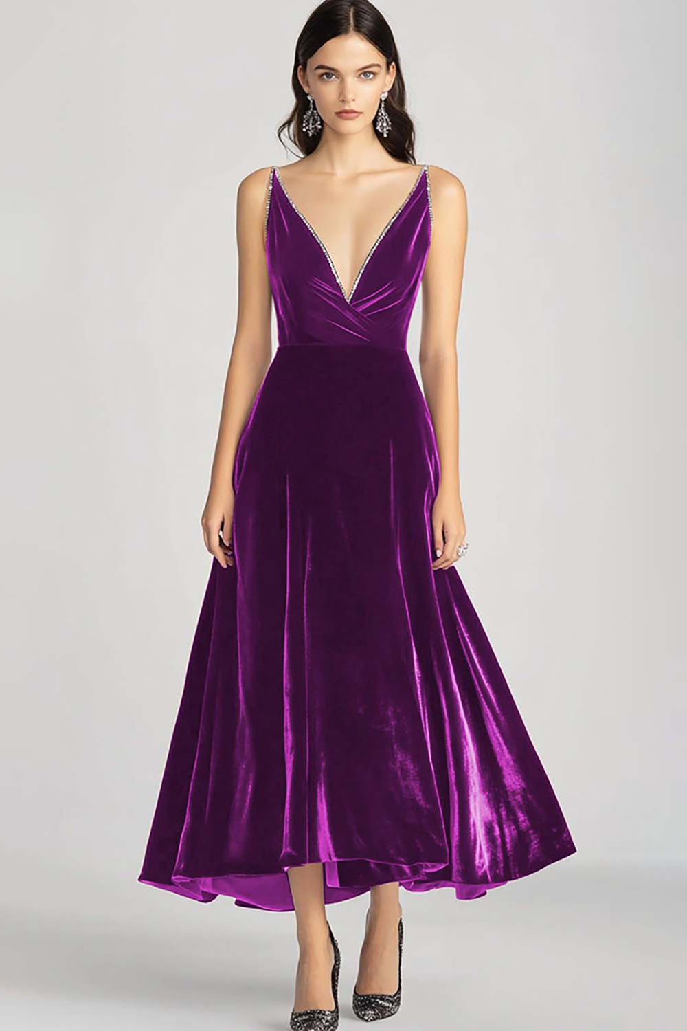 Velvet Beaded V Neck Tea-Length Burgundy Formal Dress - Image 11