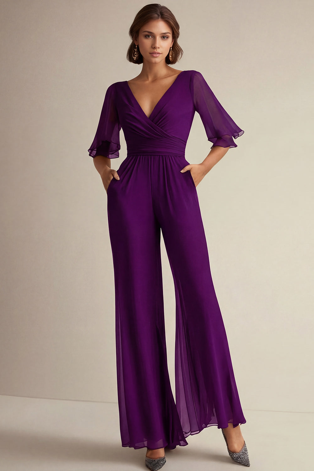 V Neck Navy Mother of the Bride Jumpsuit with Short Sleeves - Image 8