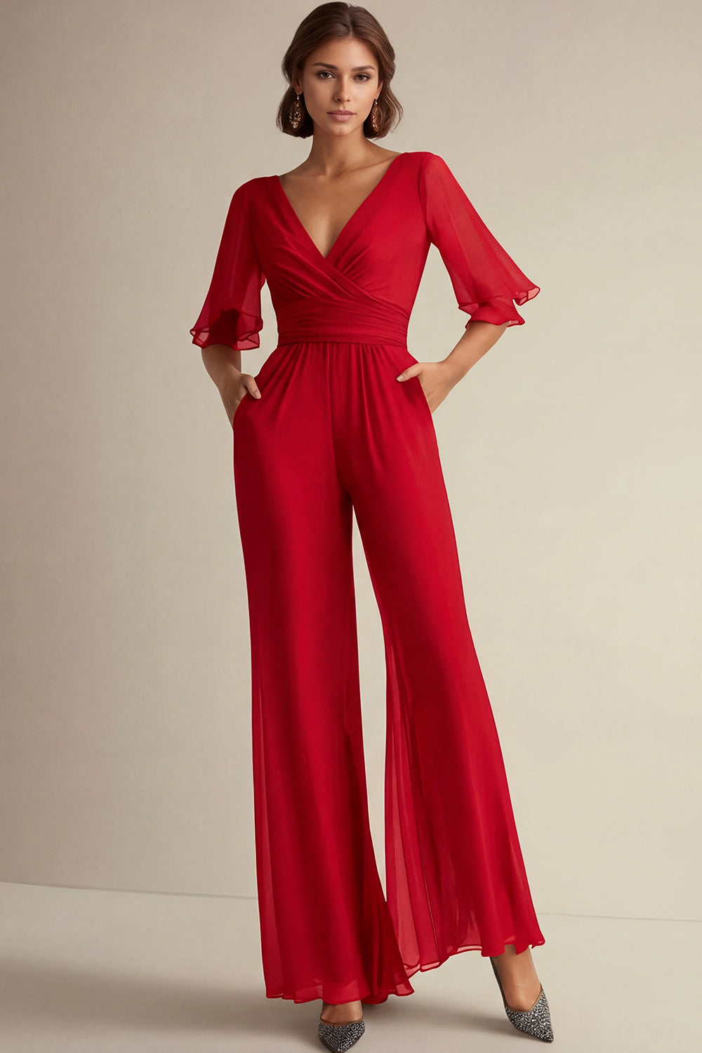 V Neck Navy Mother of the Bride Jumpsuit with Short Sleeves - Image 9